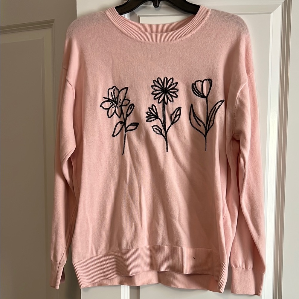Loft Floral Embroidered Pink Sweater